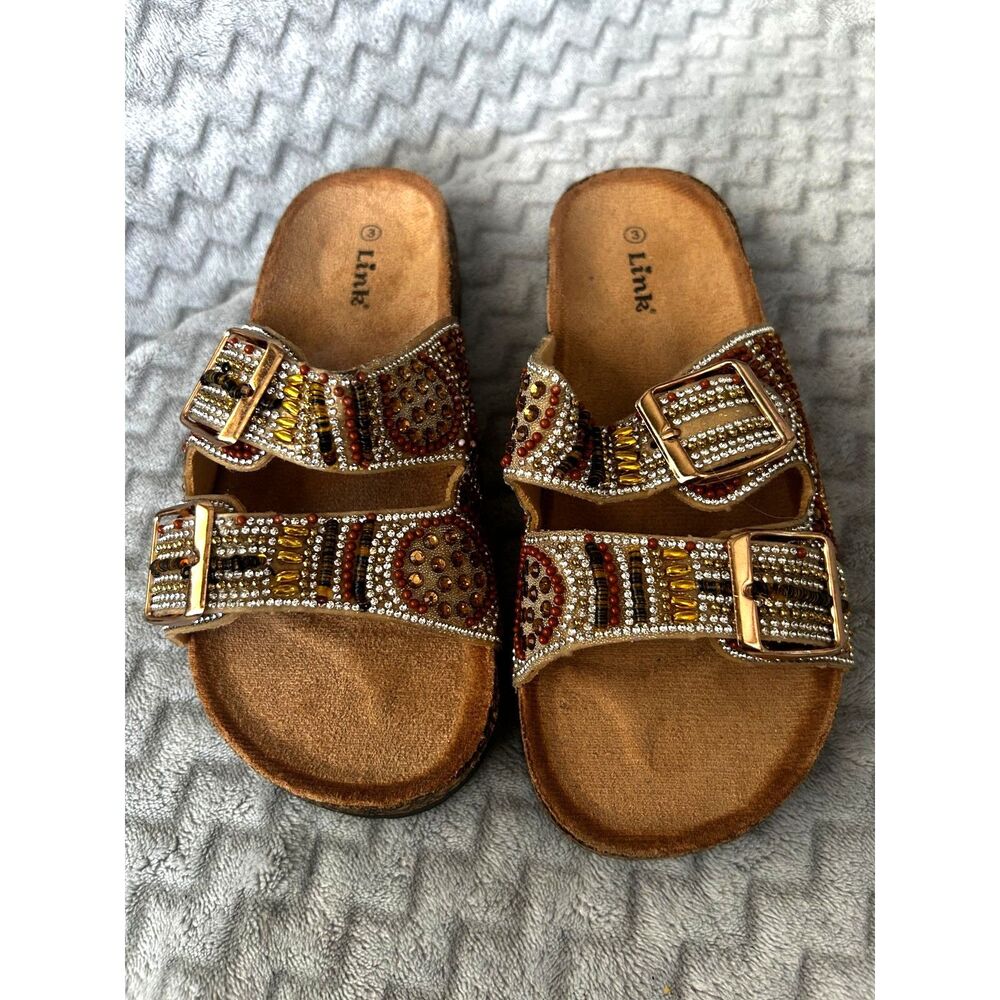 NEW! Link Girl's 3 Double Buckle Embellished Cork Slip On Sandals Shoe NWOB